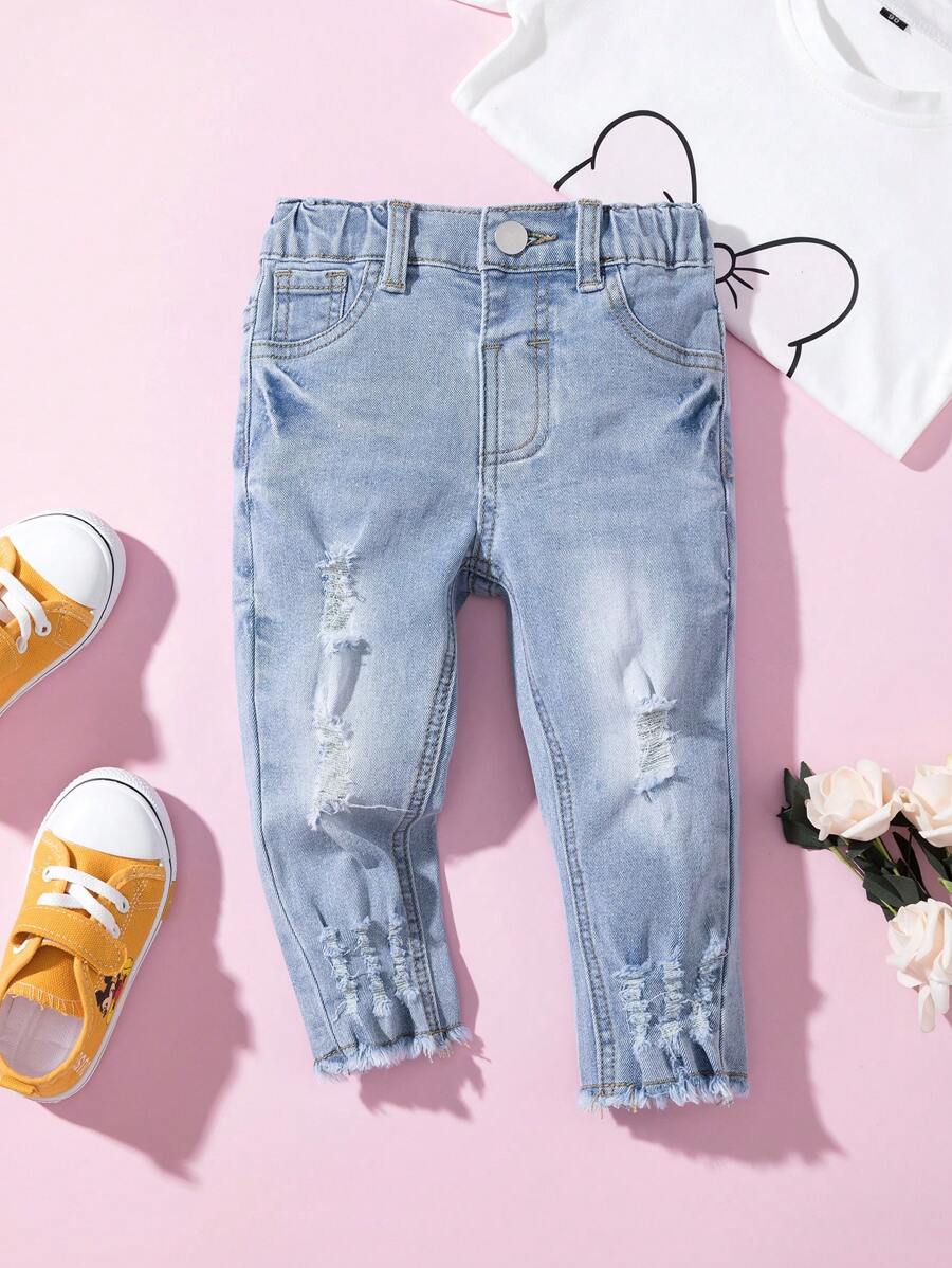 SHEIN Explorewe Baby Girl Solid Ripped Raw Hem Jeans - Light Wash - View 1