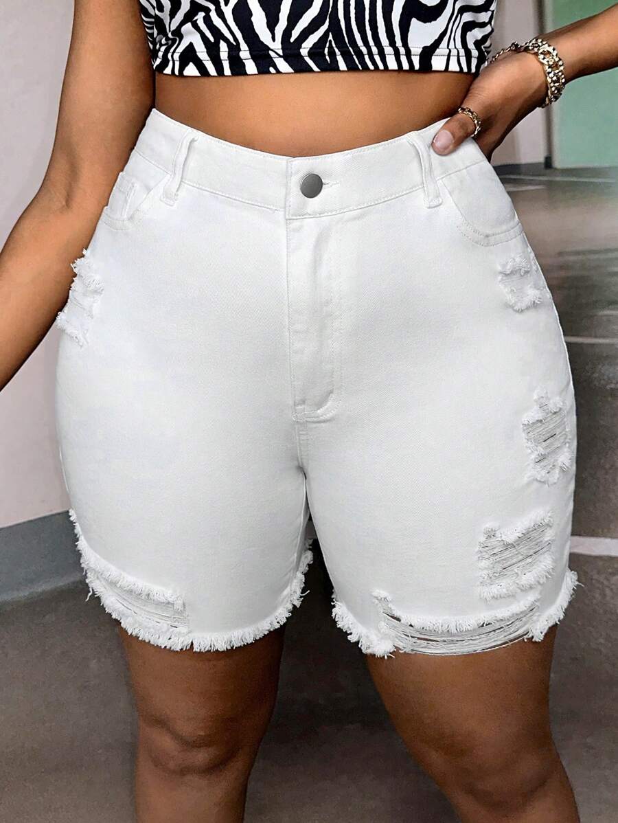 SHEIN SXY Shorts mezclilla desgarro bajo crudo de talle alto - Blanco - Ver 1