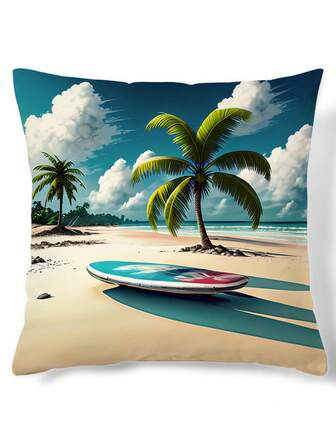 1pc Beach & Coconut Tree Print Cushion Cover Without Filler, Modern Woven Fabric Decorative Throw Pillow Case For Living Room, Home Decor