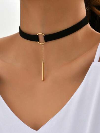 1pc Black Faux Suede Fabric Circular Choker With Stick Pendant & Chain For Women Gothic Summer Necklace