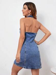 Flap Pocket Button Front Halter Neck Denim Dress - Medium Wash - View 3