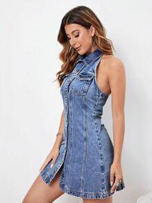 Flap Pocket Button Front Halter Neck Denim Dress - Medium Wash - View 6