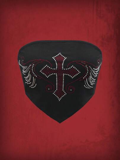 Grunge Punk Cross Rhinestone Decor Bandana Hem Tube Top