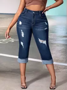 SHEIN Plus High Waist Ripped Roll Up Hem Skinny Capri Jeans - Dark Wash - View 1