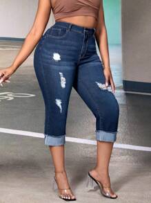 SHEIN Plus High Waist Ripped Roll Up Hem Skinny Capri Jeans - Dark Wash - View 3