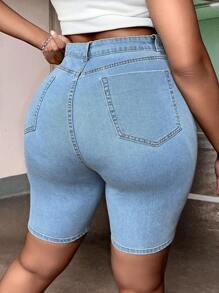 SHEIN SXY Quần short denim oversized Túi Bị tách Dây kéo màu trơn - Rửa nhẹ - Xem 2