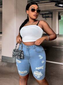 SHEIN SXY Quần short denim oversized Túi Bị tách Dây kéo màu trơn - Rửa nhẹ - Xem 3