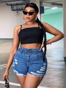 SHEIN SXY 大碼破洞毛邊緣牛仔短褲 - 中等水洗藍 - 查看 3