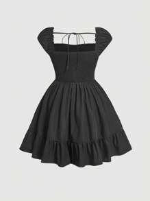 SHEIN MOD 大碼前繫帶荷葉邊連衣裙 - 黑色 - 查看 2