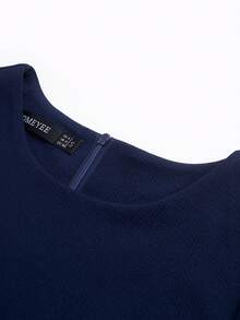 HOMEYEE Đầm Chia Dây kéo Uốn nếp màu trơn Thanh lịch - Màu xanh hải quân - Xem 7