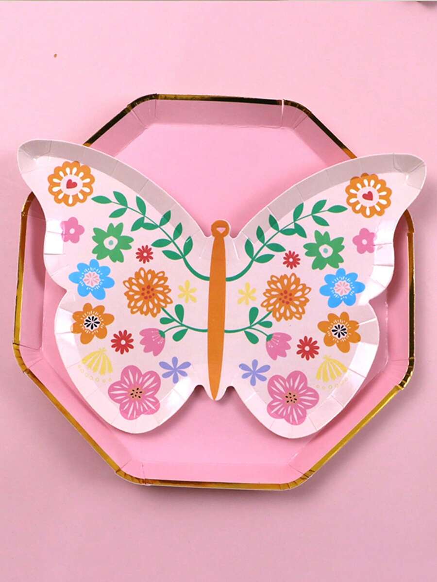 8 piezas/set Plato desechable papel desechable moderno con patrón floral en forma de mariposa para fiesta - Multicolor - Ver 1