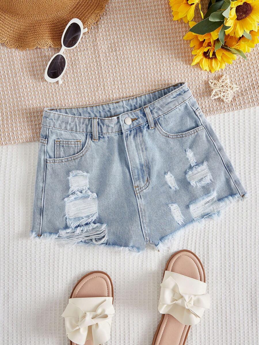 SHEIN Teen Girls Ripped Raw Hem Denim Shorts - Light Wash - View 1