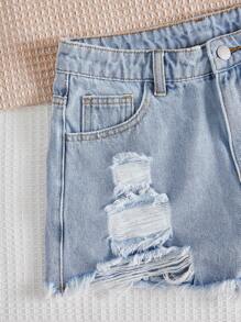 SHEIN Teen Girls Ripped Raw Hem Denim Shorts - Light Wash - View 3