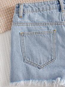 SHEIN Teen Girls Ripped Raw Hem Denim Shorts - Light Wash - View 4