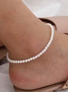 1入組波西米亞風格女式簡約仿人造珍珠串珠腳鍊適合假日系列 - 白色 - 查看 1
