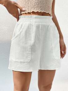SHEIN EZwear 素色斜口袋闊腿短褲 - 白色 - 查看 4