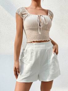SHEIN EZwear 素色斜口袋闊腿短褲 - 白色 - 查看 6