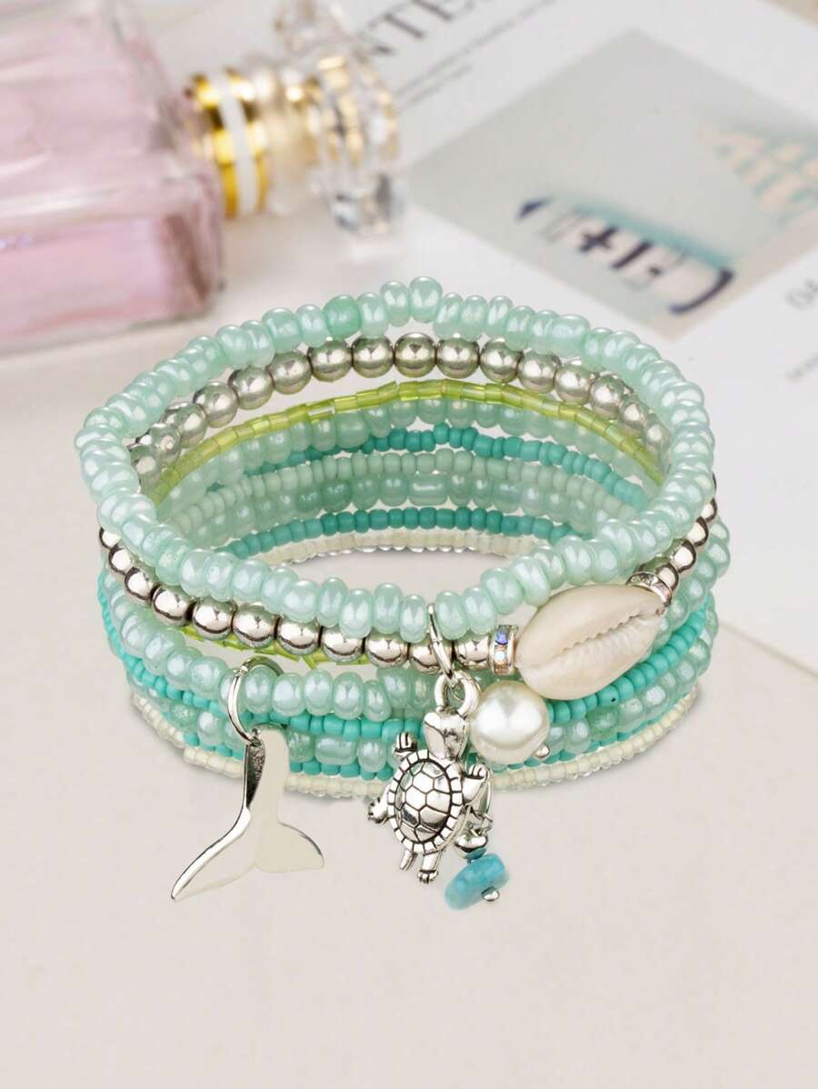 3入組綠色玻璃珠鑲嵌3d海龜、海豚、鯨魚尾巴造型的合金魅力手鍊套裝 - 彩色 - 查看 1