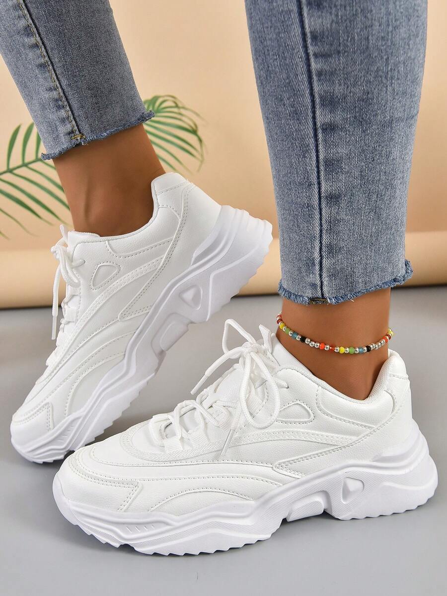 Women's Simple Front Tied Thick-Soled Sports Shoes White Chunky Shoes - White - View 1