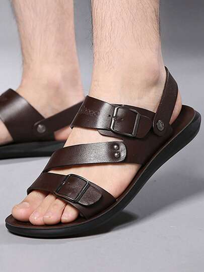 Men Studded & Buckle Decor Slingback Sandals, Brown Outdoor Casual Sandals