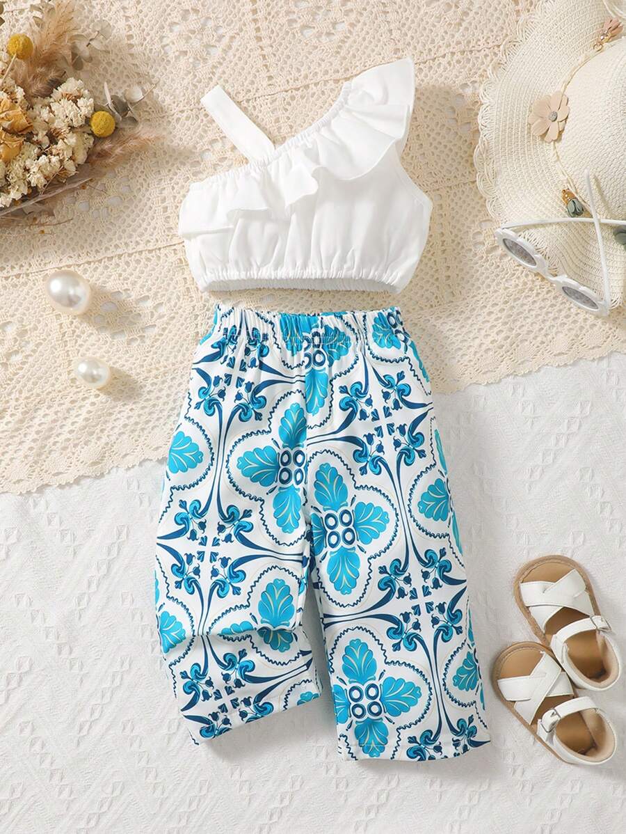Baby Asymmetrical Neck Ruffle Trim Top & Floral Print Wide Leg Trousers - Blue and White - View 1