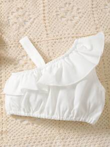 Baby Asymmetrical Neck Ruffle Trim Top & Floral Print Wide Leg Trousers - Blue and White - View 3