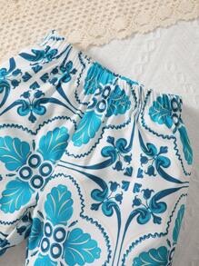 Baby Asymmetrical Neck Ruffle Trim Top & Floral Print Wide Leg Trousers - Blue and White - View 4