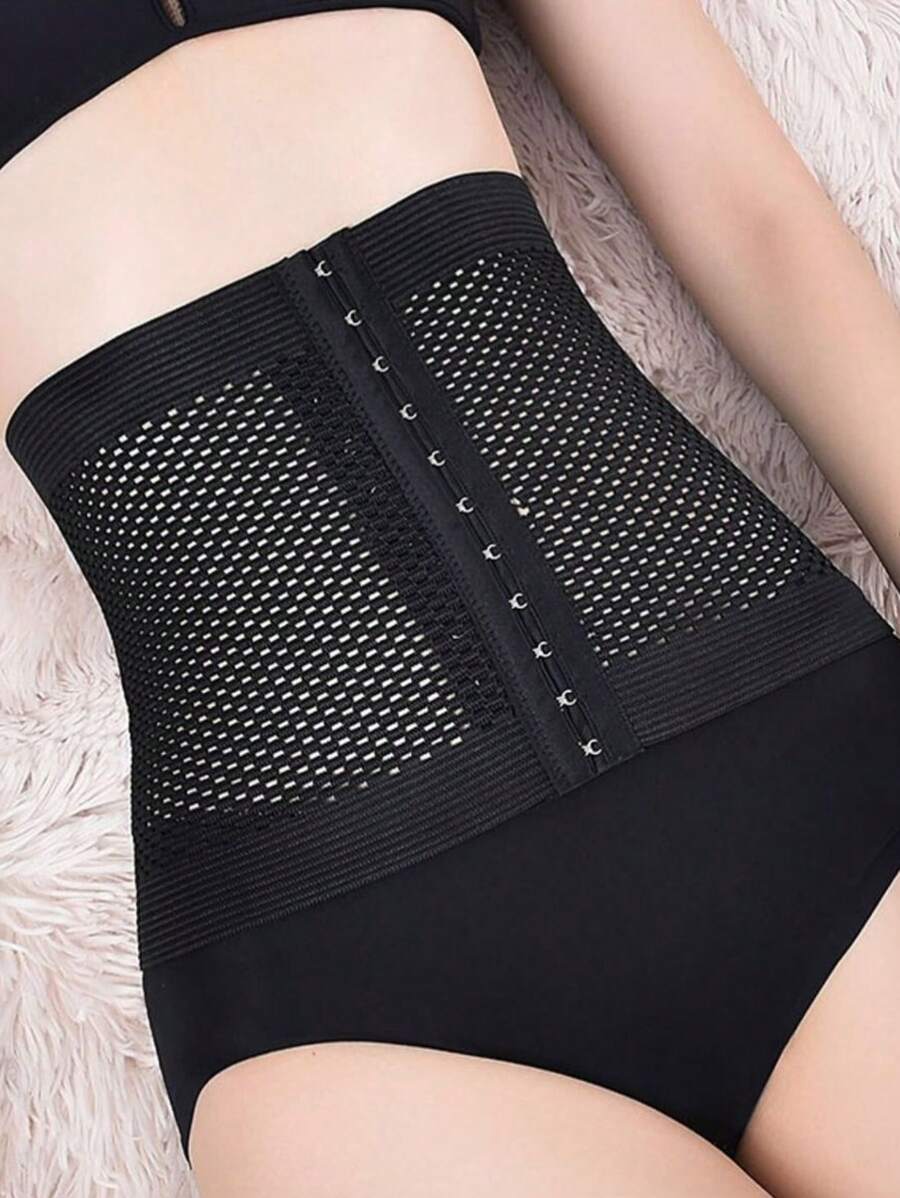 素色鉤眼扣前腰封 - 黑色 - 查看 1