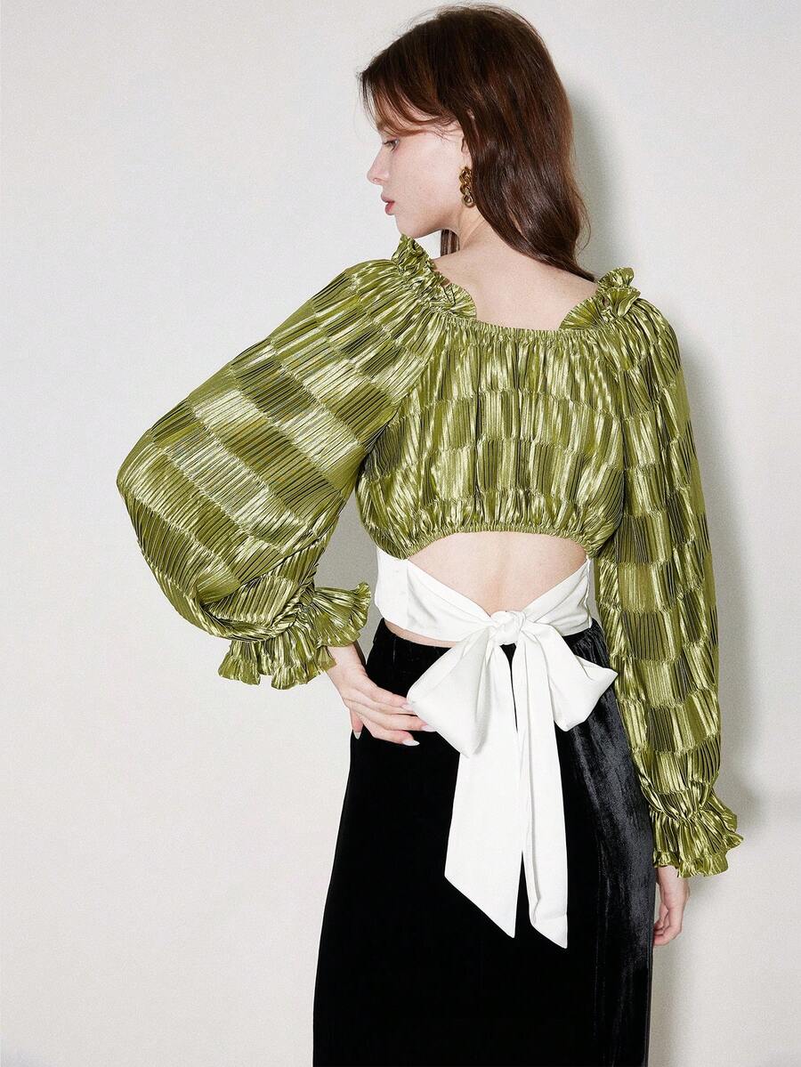 Tie Back Flounce Sleeve Ruched Bust Ruffle Trim Crop Blouse - Green - View 1