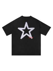 Men Star Print Drop Shoulder Suedette Tee - Black - View 3