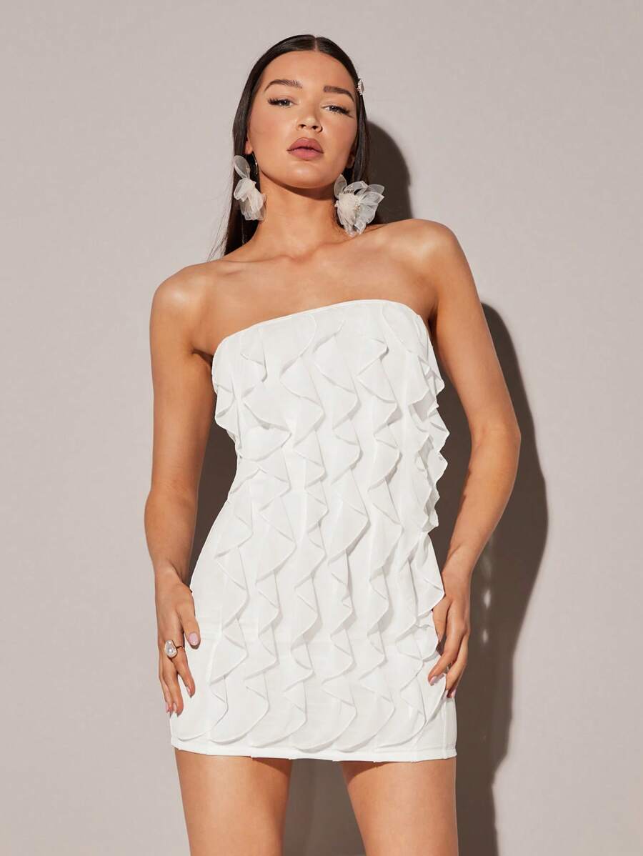 SHEIN BAE Đầm Xù màu trơn Gợi cảm - trắng - Xem 1