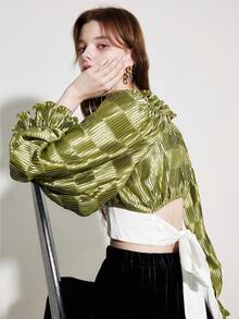 Tie Back Flounce Sleeve Ruched Bust Ruffle Trim Crop Blouse - Green - View 3