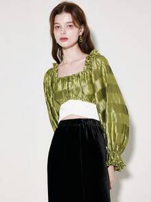 Tie Back Flounce Sleeve Ruched Bust Ruffle Trim Crop Blouse - Green - View 5