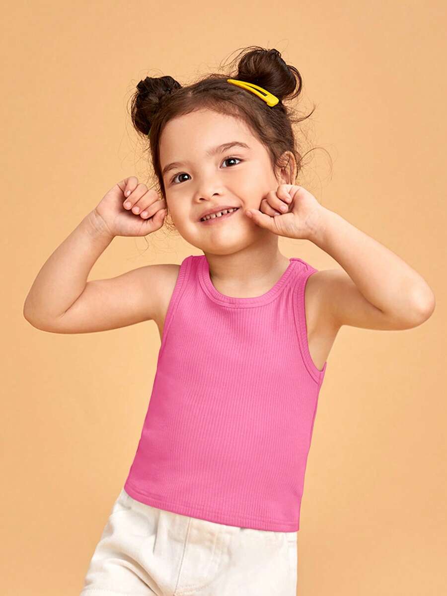 SHEIN 小女童素色條紋針織背心上衣 - 粉色 - 查看 1