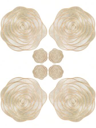 8入組/套金色中空玫瑰pvc餐墊和杯墊,可水洗,易清潔,防滑,耐熱,適用於餐桌、節日、婚禮、派對裝飾