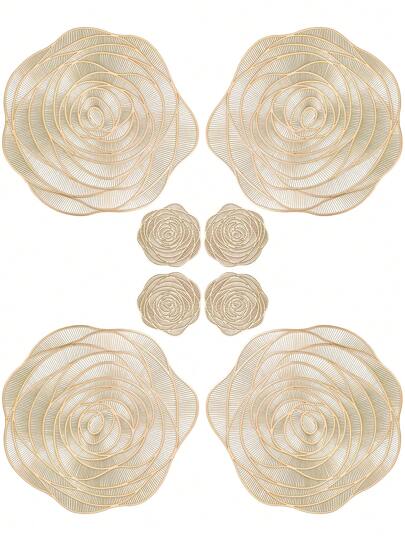 8pcs/set Gold Hollowed-out Rose Pvc Place Mats And Coasters, Washable, Easy To Clean, Wipeable, Slip-resistant, Heat-resistant, Suitable For Dining Table, Holiday, Wedding, Party Decoration