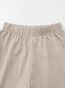 SHEIN Chàng trai trẻ Bông 100% Áo phông trơn & Quần short - Màu be - Xem 5