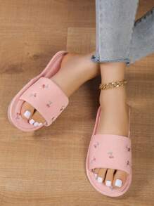 女士樱桃刺绣防滑露趾天鹅绒家居拖鞋，适合春秋季 - 粉色 - 查看 4