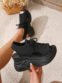 简约休闲针织镂空系带坡跟厚底透气跑步运动凉鞋女式