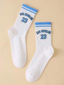 1pair Women Striped & Letter Graphic Casual Crew Socks For Daily Life