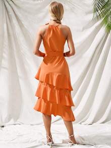 SHEIN VCAY Đầm Thắt lưng phân lớp màu trơn Giải trí - trái cam - Xem 2