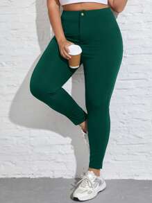 SHEIN SXY Quần Plus Size Nút màu trơn Giải trí - màu xanh lá - Xem 1