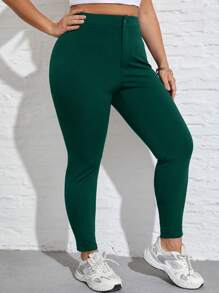 SHEIN SXY Quần Plus Size Nút màu trơn Giải trí - màu xanh lá - Xem 3