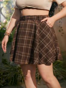 ROMWE Fairycore 大碼格紋印花腰帶半身裙 - 棕色 - 查看 1