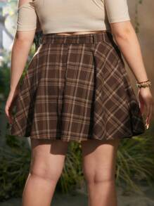 ROMWE Fairycore 大碼格紋印花腰帶半身裙 - 棕色 - 查看 2