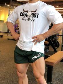 Manfinity Fitness Boyfriend Style Men Shorts Set Boyfriend Style Men Letter Graphic Sports Tee & Drawstring Waist Sports Shorts, Athletic Suit, Tracksuit Workout Set Workout Sets - Multicolor - View 4