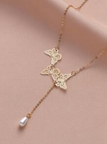 1pc Pearl & Butterfly Y-shaped Necklace - Yellow Gold - View 1