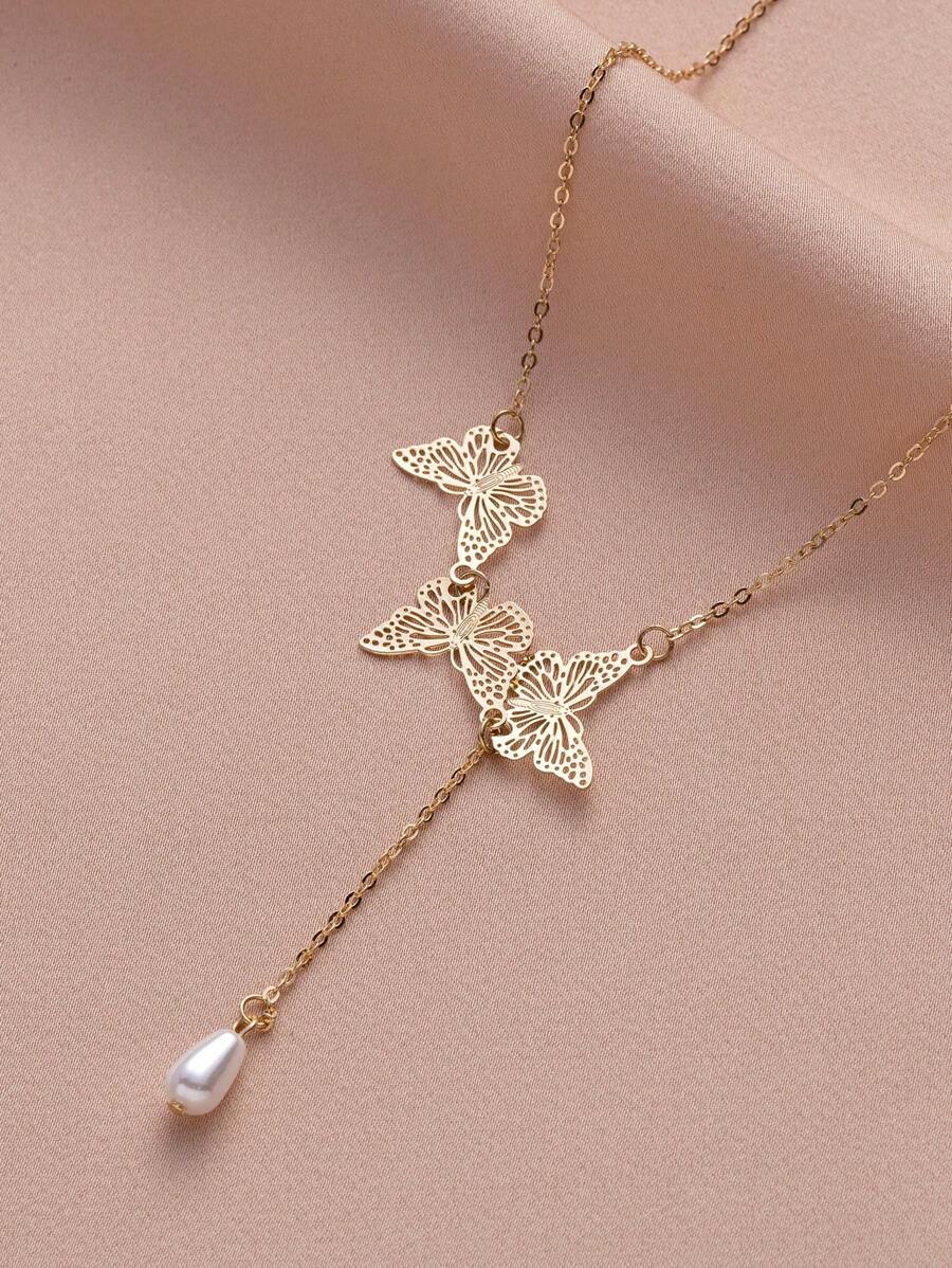 1pc Pearl & Butterfly Y-shaped Necklace - Yellow Gold - View 1