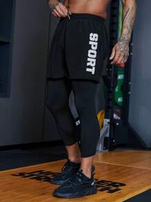 Running Men Letter Graphic 2 In 1 Sports Trousers - Black - View 3