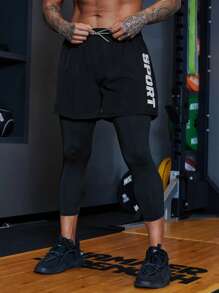 Running Men Letter Graphic 2 In 1 Sports Trousers - Black - View 5